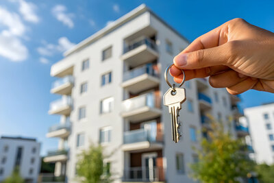 Schlüssel vor einem Wohnblock.